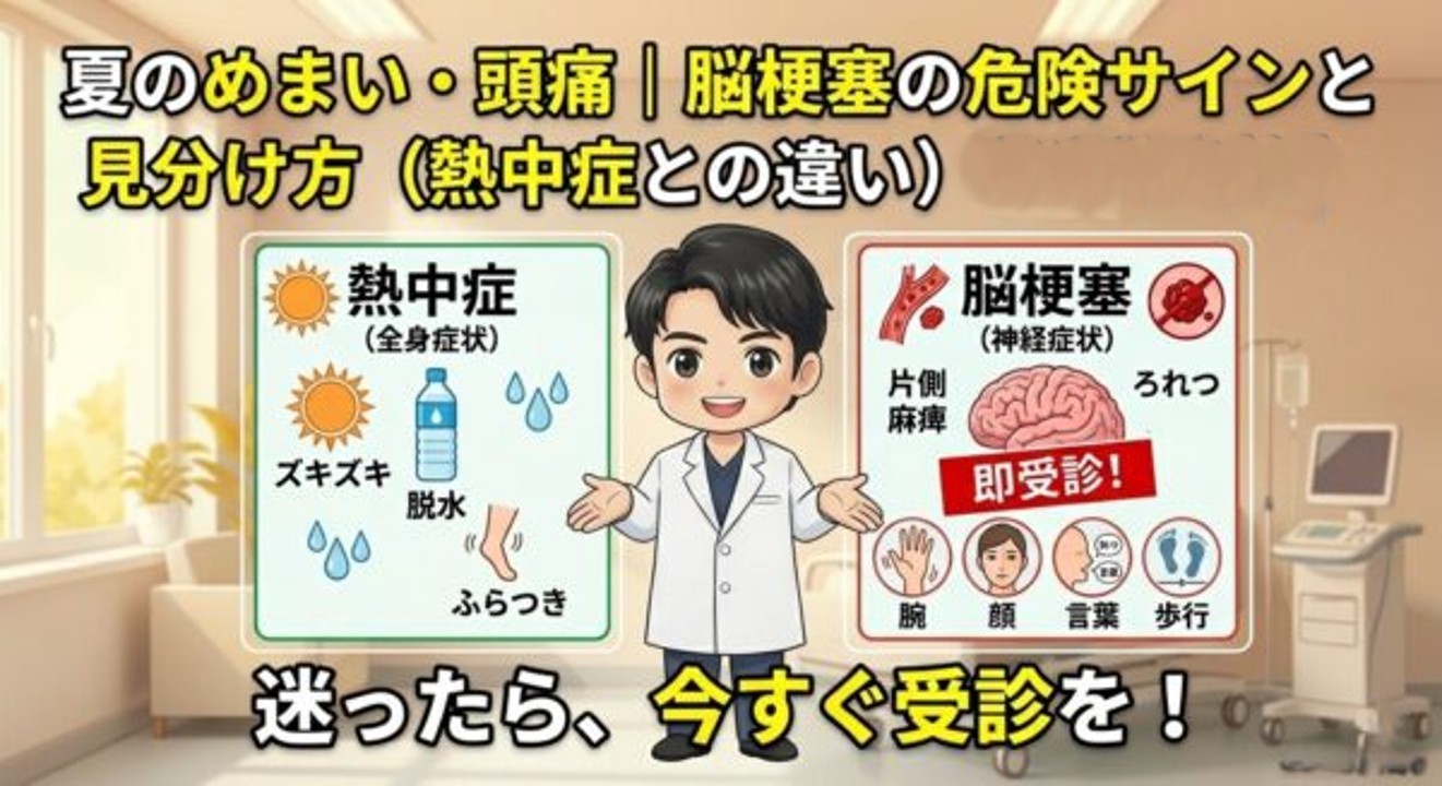 夏に急増する脳梗塞と熱中症の違い|原因・症状・見分け方を徹底比較するブログのアイキャッチ画像