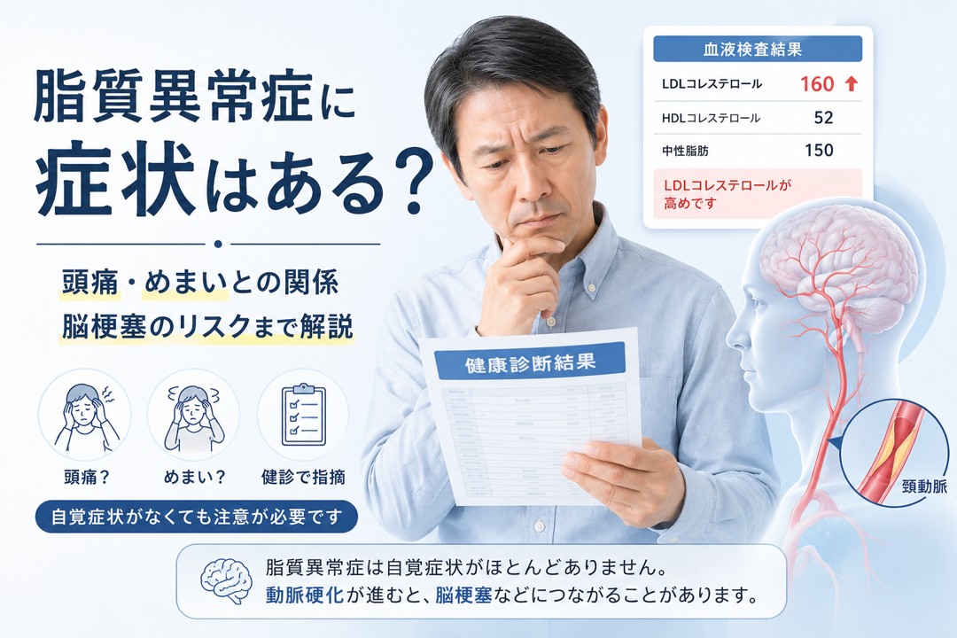 脂質異常症の症状と頭痛・めまい、動脈硬化・脳梗塞との関係を解説するイメージ