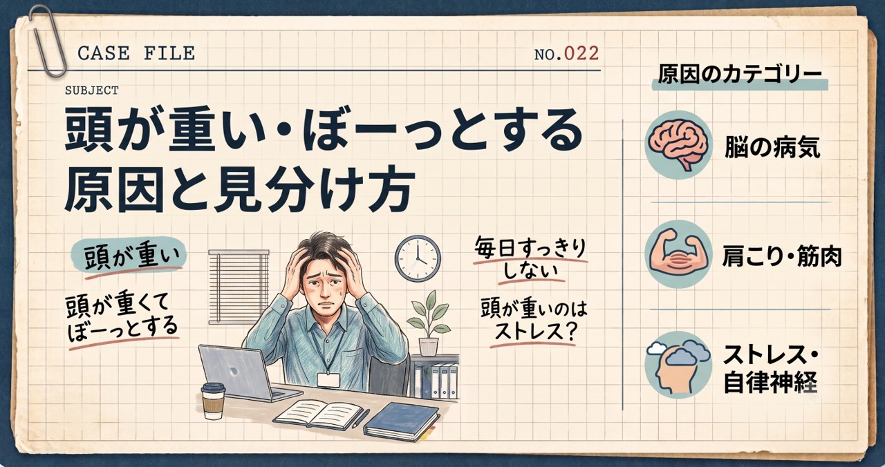 頭が重い・ぼーっとする原因と見分け方を解説するブログ記事のアイキャッチ画像。ストレスや肩こり、脳の病気などの原因カテゴリーをまとめたカルテ風デザイン。