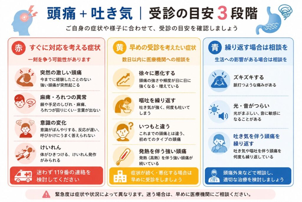 頭痛と吐き気がある場合の緊急度と受診目安を3段階で示した図