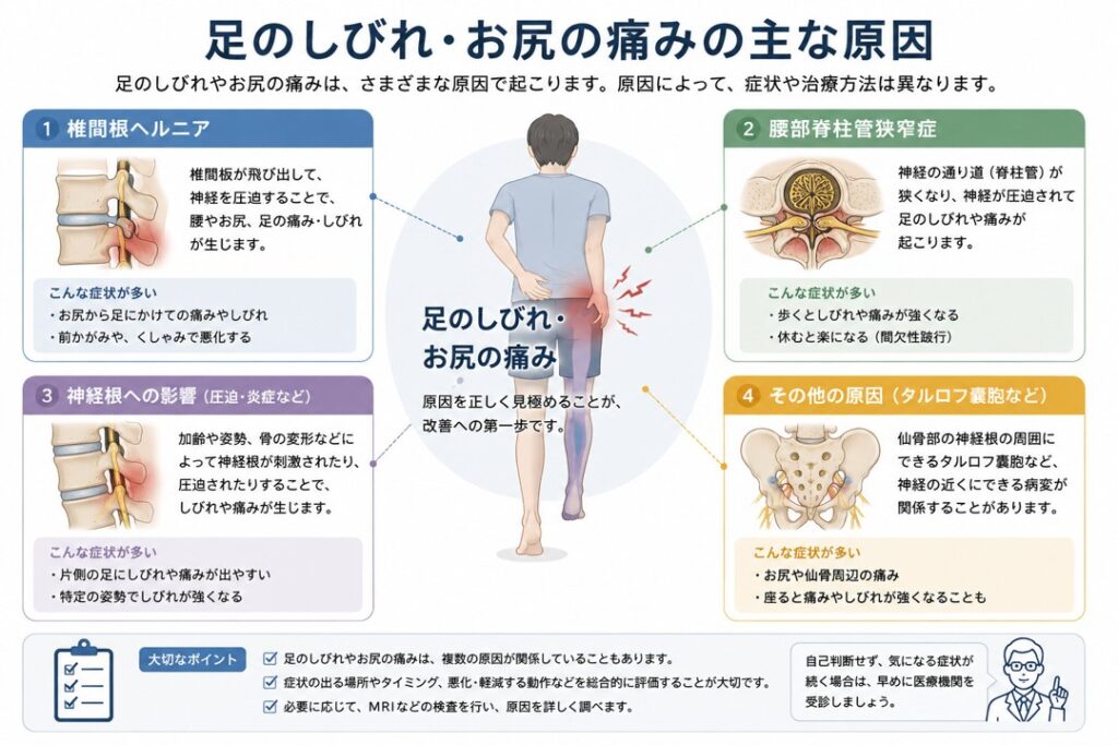 足のしびれやお尻の痛みの主な原因を示した図。腰椎椎間板ヘルニア、腰部脊柱管狭窄症、神経根への影響、タルロフ嚢胞などを解説。