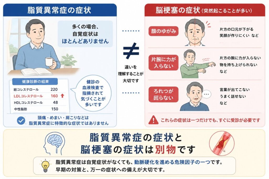 脂質異常症は多くの場合自覚症状がなく、脳梗塞では顔のゆがみ・片腕の脱力・ろれつが回らないなどの症状が突然現れることを比較した図