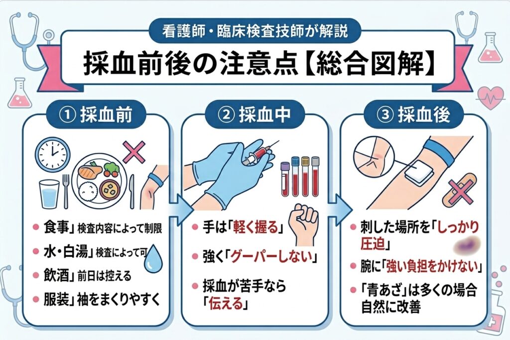 採血前後の注意点を視覚的に理解しやすく説明した図