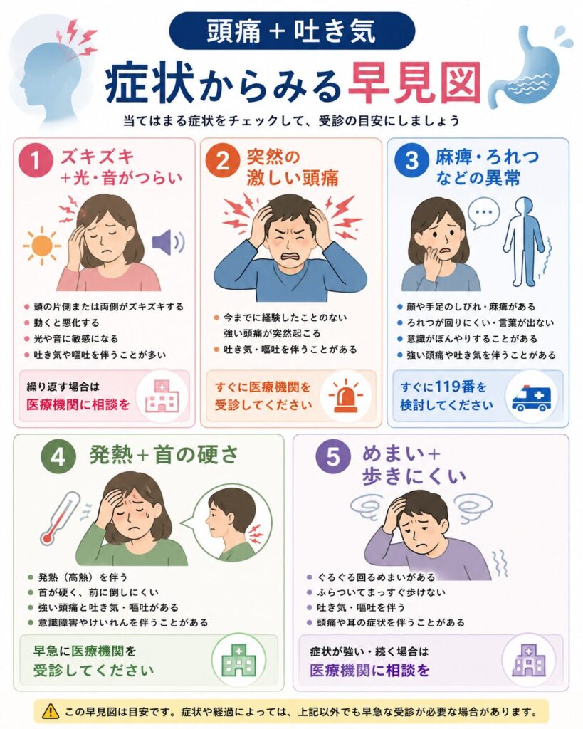 頭痛と吐き気の原因を症状別に確認する早見図