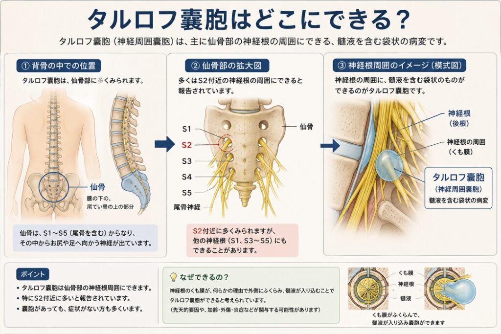 タルロフ嚢胞ができる場所を示した図。仙骨部、特にS2付近の神経根周囲にできる嚢胞の位置を解説。