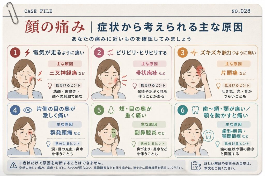 顔の痛みタイプ別の原因早見図。電気が走る痛み、ピリピリ、ズキズキ、目の奥の痛み、頬の痛み、歯や顎の痛みから考えられる主な原因を解説