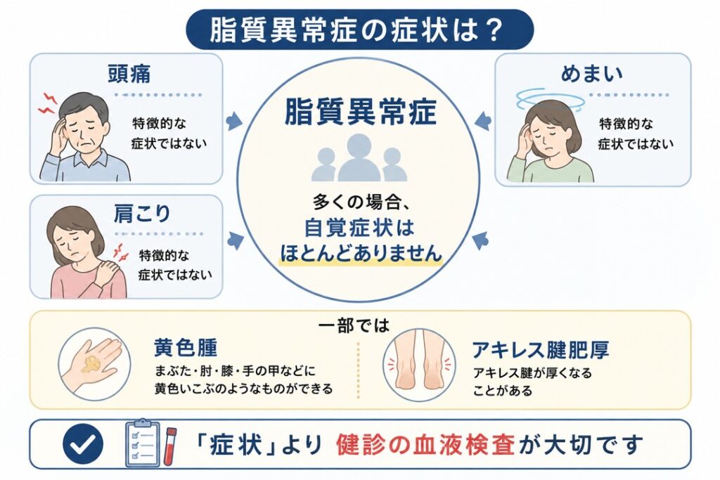 「脂質異常症の症状を解説した図。多くは自覚症状がなく、頭痛・めまい・肩こりは特徴的な症状ではない」