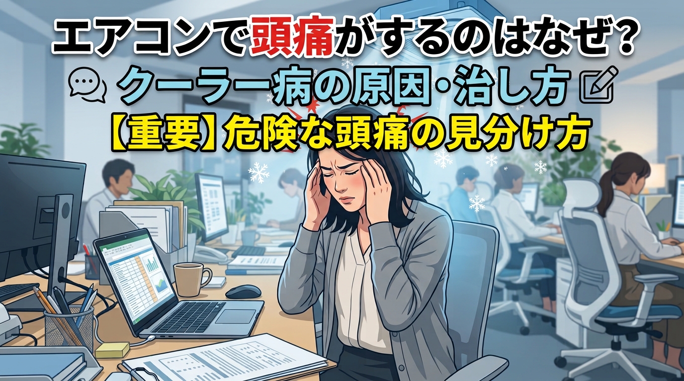 冷房の効いたオフィスで頭痛に悩む女性のイラスト。「エアコンで頭痛がするのはなぜ？クーラー病の原因・治し方【重要】危険な頭痛の見分け方」の文字が入ったアイキャッチ画像