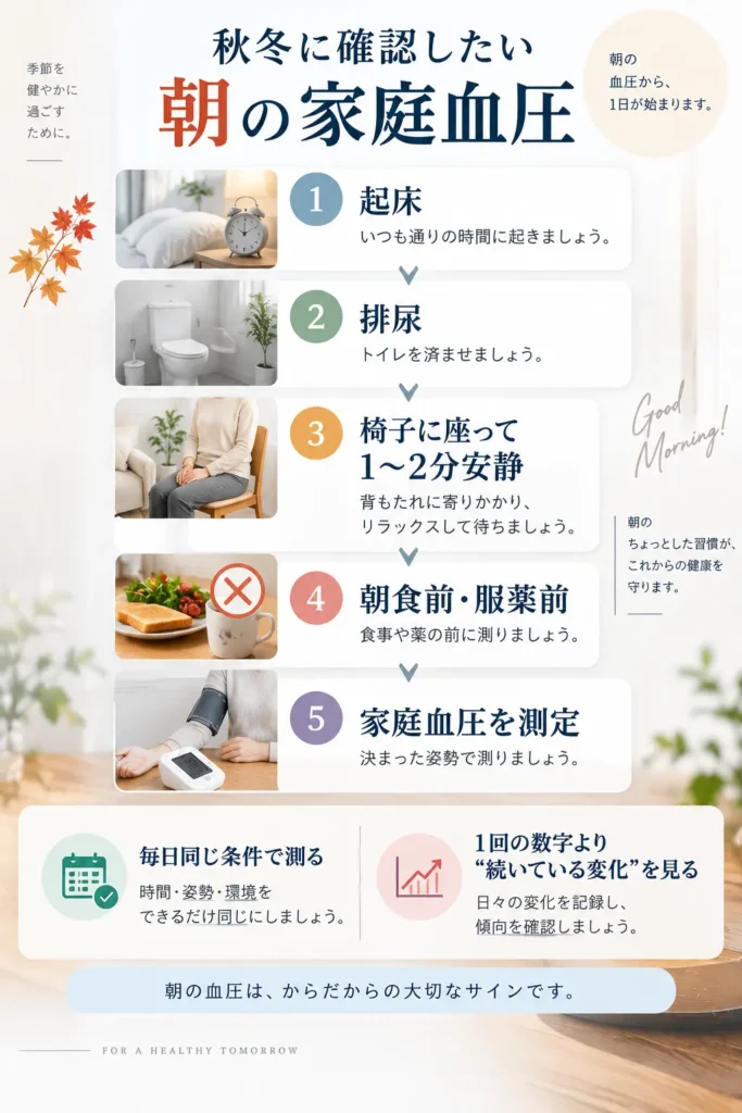 秋冬の朝に家庭血圧を測る手順。起床・排尿後、椅子に座って1〜2分安静にし、朝食前・服薬前に同じ条件で血圧を測定する流れを示した図解