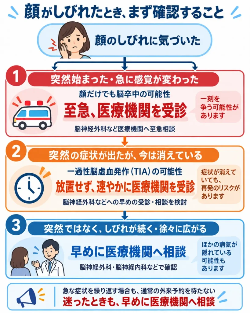 顔のしびれが突然始まった場合や一度消えた場合、続く場合の受診目安を示す図解。突然の症状は至急医療機関を受診し、症状が消えていても一過性脳虚血発作の可能性を考えて早めに受診、続くしびれは脳神経外科・脳神経内科などへ相談する流れを示している。