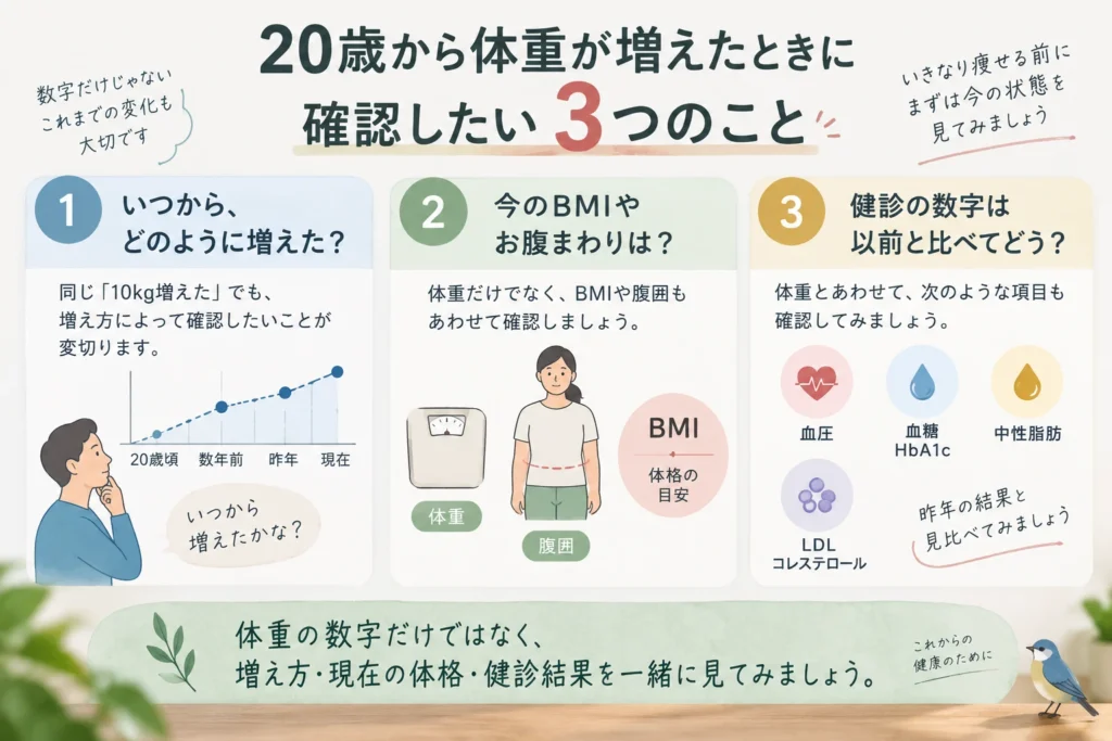 20歳の頃より体重が増えたときに、体重が増えた時期と経過、現在のBMIと腹囲、血圧・HbA1c・中性脂肪・LDLコレステロールなどの健診結果を確認する流れ