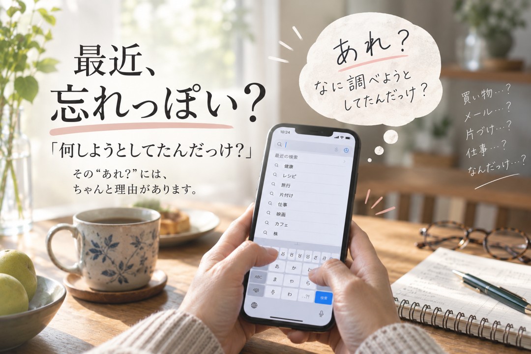 最近忘れっぽいと感じ、スマホを見ながら「何を調べようとしてたんだっけ？」と考える日常の物忘れのイメージ