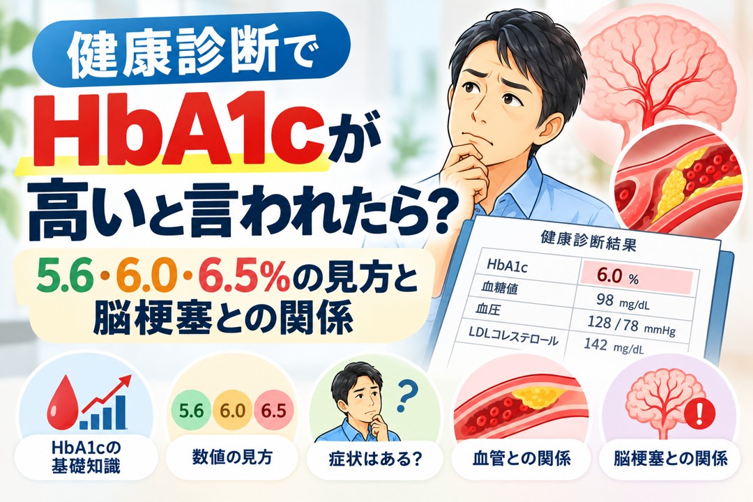 健康診断でHbA1cが高いと言われた場合の数値の見方と脳梗塞との関係を解説するイメージ