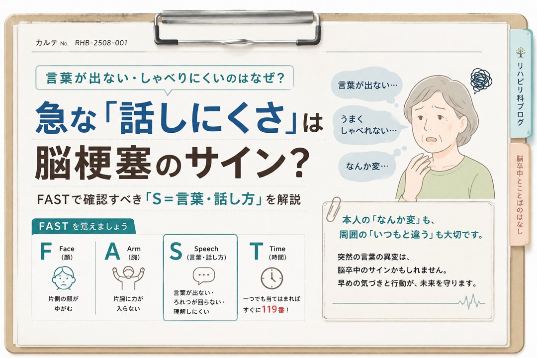 言葉が出ない・しゃべりにくい症状と脳梗塞のサインをFASTで解説するブログのアイキャッチ画像。
