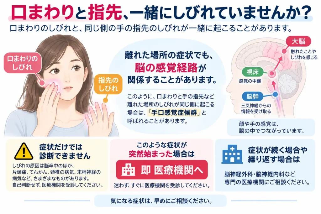 口まわりと指先のしびれが同じ側に起こることがあることを示した図解。離れた場所の症状でも脳の感覚経路が関係する場合があり、手口感覚症候群と呼ばれることがあること、症状だけでは診断できず、突然始まった場合は即医療機関へ、続く・繰り返す場合も専門の医療機関へ相談する流れを説明している。