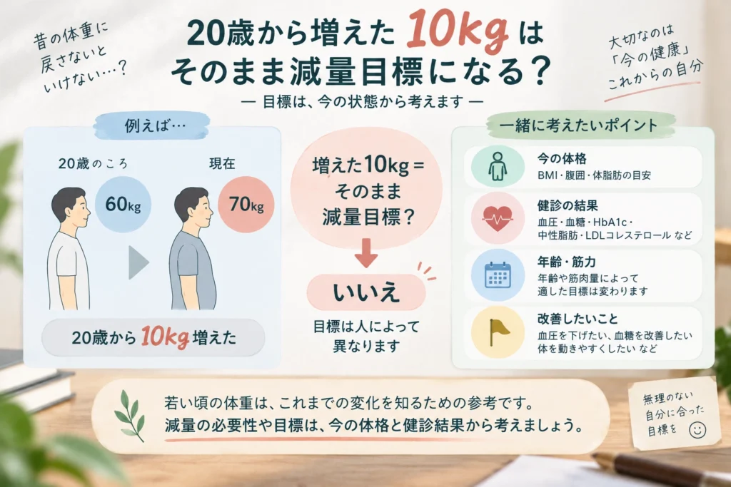 20歳から10kg体重が増えていても、増えた10kgをそのまま減量目標にするのではなく、現在の体格、健診結果、年齢、筋力、改善したい健康上の問題から目標を考えることを示した図