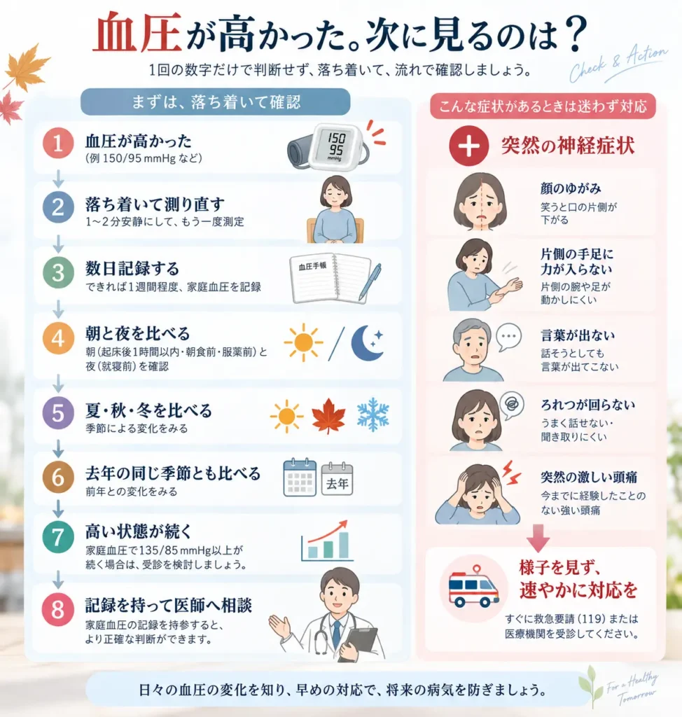 血圧が高かったときは落ち着いて測り直し、数日間の記録や朝夜・季節ごとの変化を比較し、突然の顔のゆがみ・手足の麻痺や脱力・言葉の異常・激しい頭痛がある場合は速やかに対応する流れを示した図解