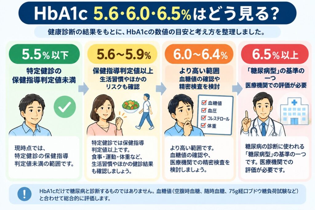 HbA1c 5.6%、6.0%、6.5%以上の数値を健康診断でどのように考えるかを示した図