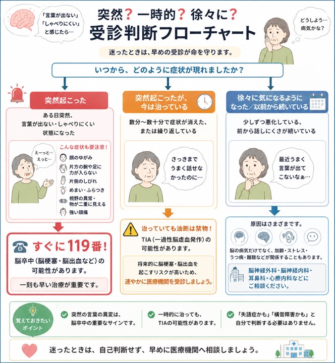 言葉が出ない・しゃべりにくい症状が突然、一時的、徐々に起こった場合の受診判断を示すフローチャート