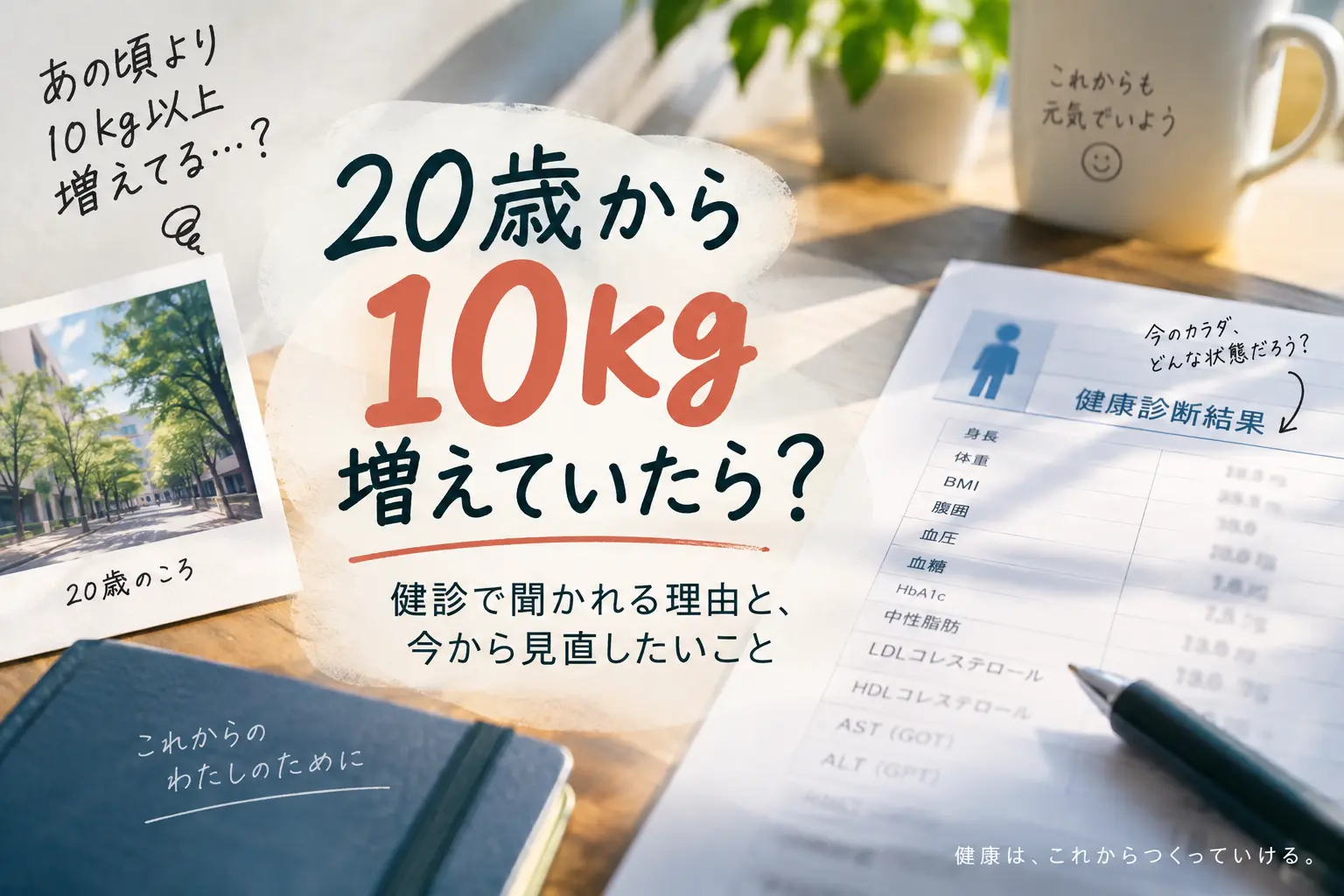 健康診断の結果を見ながら、20歳の頃から10kg以上体重が増えたことについて確認している人のイメージ