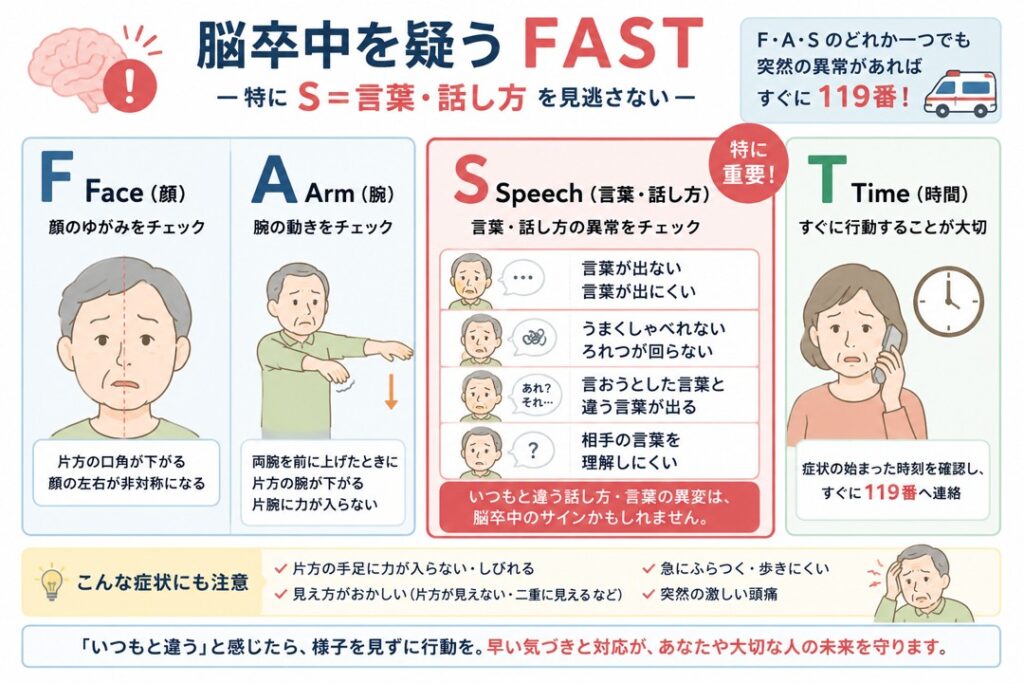 脳卒中を疑うFAST(顔・腕・言葉・時間)と、言葉が出ない・しゃべりにくいなどSpeechの症状を示す図