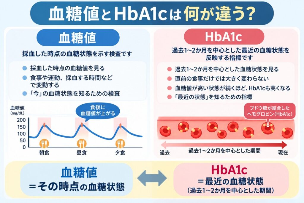 血糖値は採血時点、HbA1cは過去1〜2か月を中心とした最近の血糖状態を反映する違いを示した図