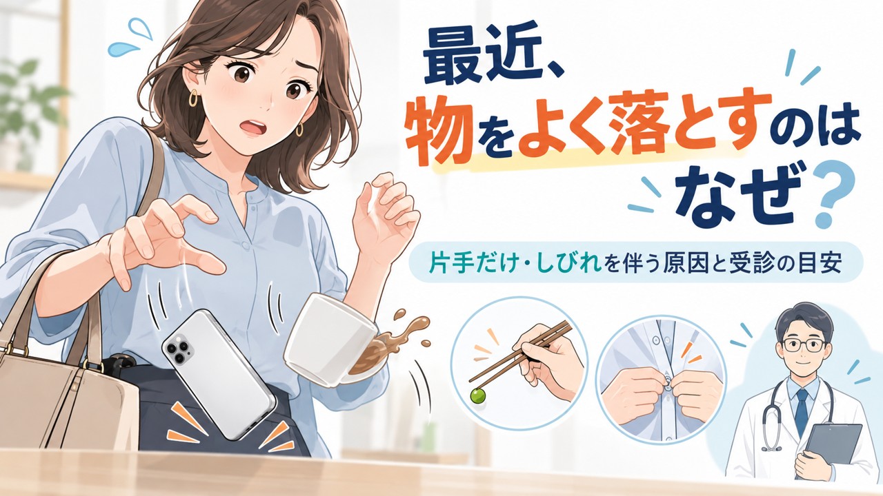 女性がスマートフォンやコップを落としそうになっている様子と、箸やボタンなど手先の動作の難しさを示したイラスト
