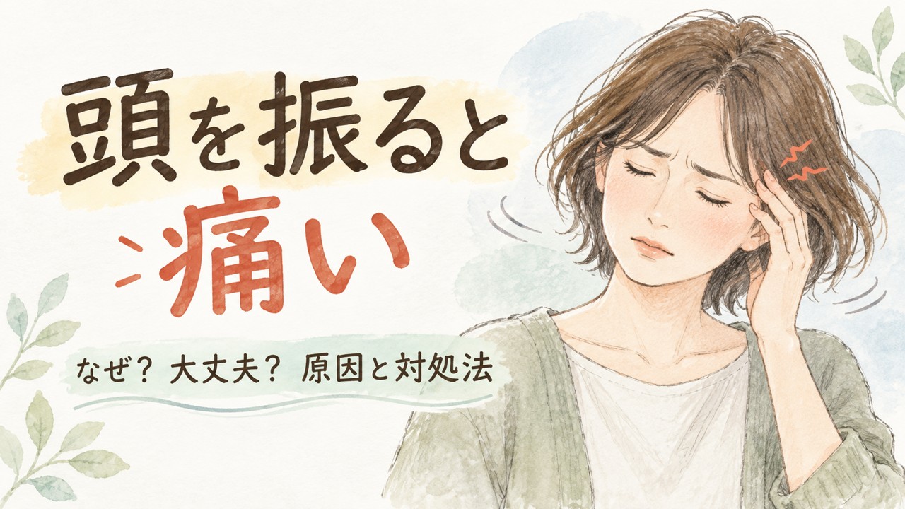 頭を振るとこめかみ付近にズキッとした痛みを感じる女性のイラスト。頭痛の原因と対処法を紹介。