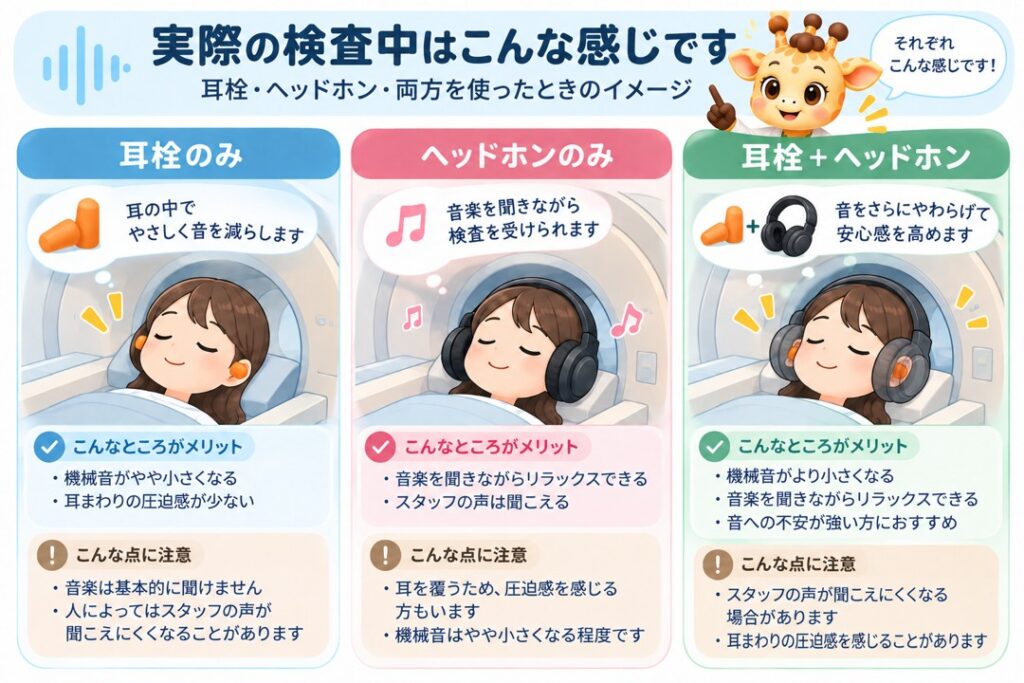 MRI検査中の耳栓のみ、ヘッドホンのみ、耳栓とヘッドホンの併用を比較し、それぞれの音の感じ方や圧迫感、スタッフの声の聞こえ方を示した図解。