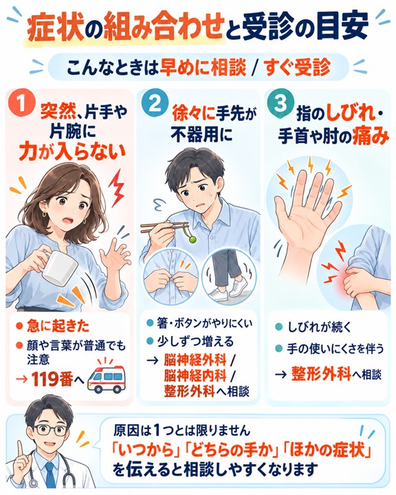 突然の片手や片腕の脱力、徐々に進む手先の不器用さ、指のしびれや手首・肘の痛みについて、症状別の受診の目安を示した図解