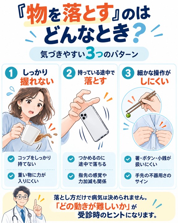 物をしっかり握れない、持っている途中で落とす、箸やボタンなど細かな操作が難しいという3つの状態を比較した図解