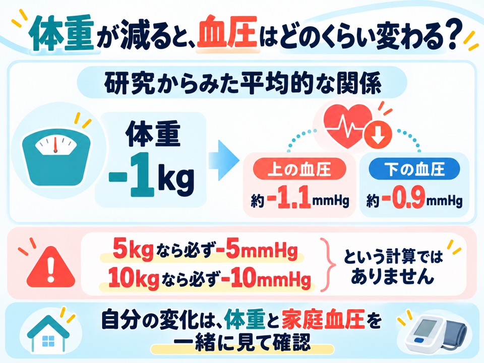 研究では体重1kgの減少につき上の血圧が約1.1mmHg、下の血圧が約0.9mmHg低下する平均的な関係があることと、5kg・10kgの減量から個人の血圧変化を単純計算できないことを示した図。